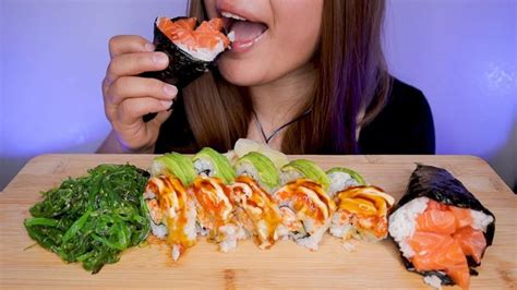 Asmr Sushi Mukbang 🍣 Seaweed Salad Salmon Hand Roll No Talking