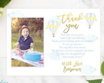 Birthday Thank You Card Hot Air Balloon Party Balloon Photo Etsy