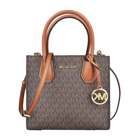 Mk Michael Kors Mercer 金字logo Pvc滾邊牛皮手提斜背風琴包中棕褐 斜背包鍊帶包 Yahoo奇摩購物中心