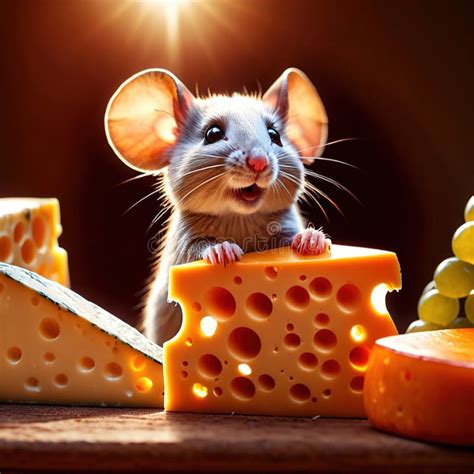 Cute Mouse Holding Precious Cheese Their Valuable Treasure Stock