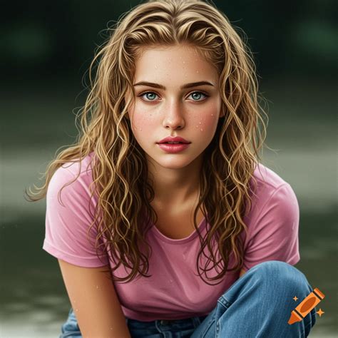 Girl With Wet Curled Blonde Hair Pink Shirt And Jeans On Craiyon