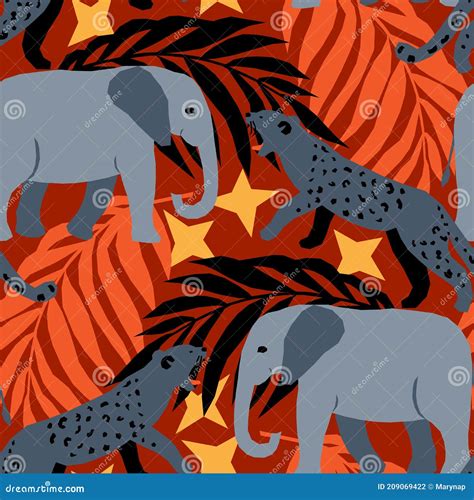 Vector Seamless Pattern With African Night Scene Elephants And Jaguars