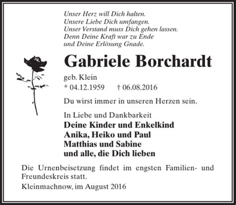 Traueranzeigen Von Gabriele Borchardt Trauer Anzeigen De