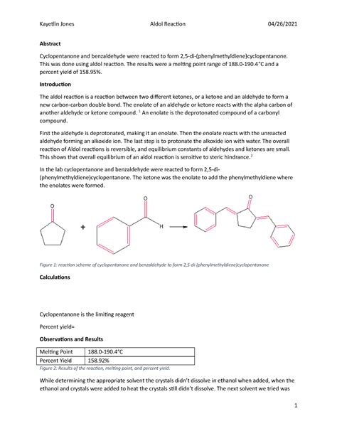 Aldol Reaction Lab Report Kayetlin Jones Aldol Reaction 04 26