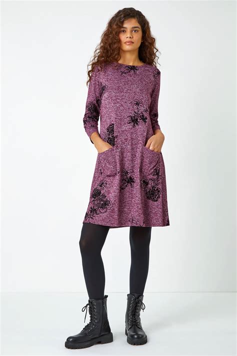 Wine Floral Pocket Swing Stretch Dress Roman Uk