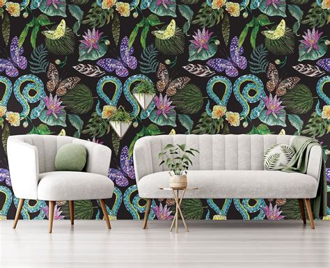 Exotic Floral Wallpaper With Butterflies Snake And Tropical Flowers