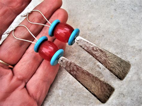 Hammered Silver Long Riveted Earrings Red Komboloi Beads And Etsy