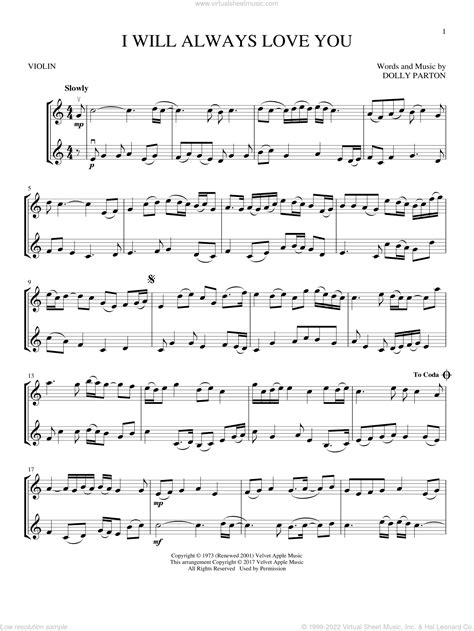 I Will Always Love You Sheet Music For Two Violins Duets Violin Duets V2