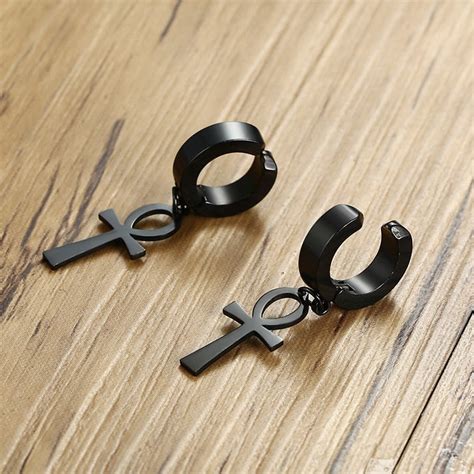 Ankh Cross Earrings For Men Black Stainless Steel Dangle Earring Labonni