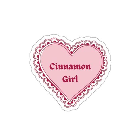 A Pink Heart Shaped Sticker With The Words Cinnamon Girl In Red