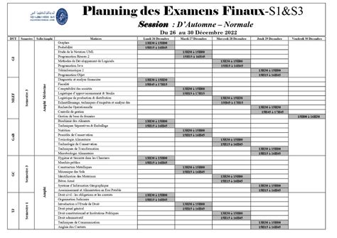 Planning Des Examens Finaux S1 And S3 Session D’automne Normale Est Laâyoune