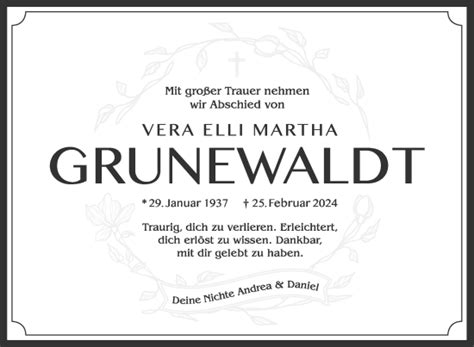 Traueranzeigen Von Vera Elli Martha Grunewaldt Trauer Nordkurier