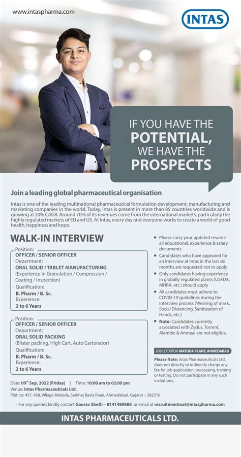 Intas Pharmaceuticals Ltd Walk In Interview For B Pharm BSc