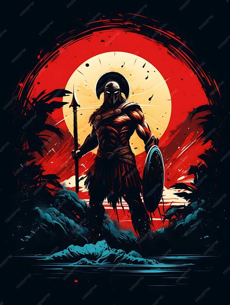 Premium Photo | Tshirt Design of Spartan Warrior in a Shield Bash Pose ...