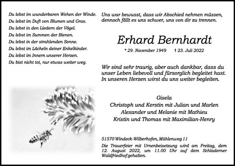 Traueranzeigen Von Erhard Bernhardt Wirtrauern