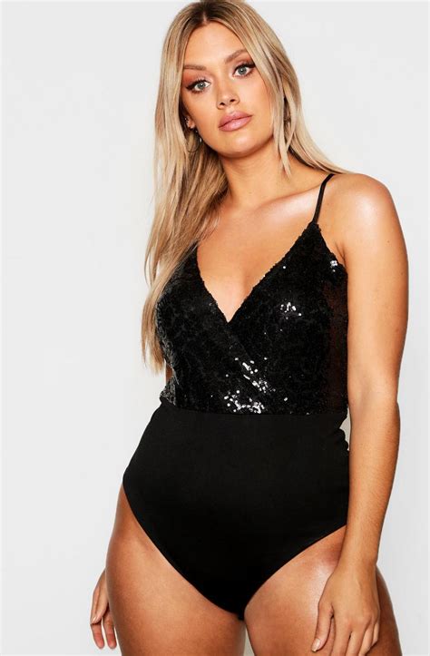 Womens Black Plus Wrap Sequin And Mesh Bodysuit Boohoo Uk