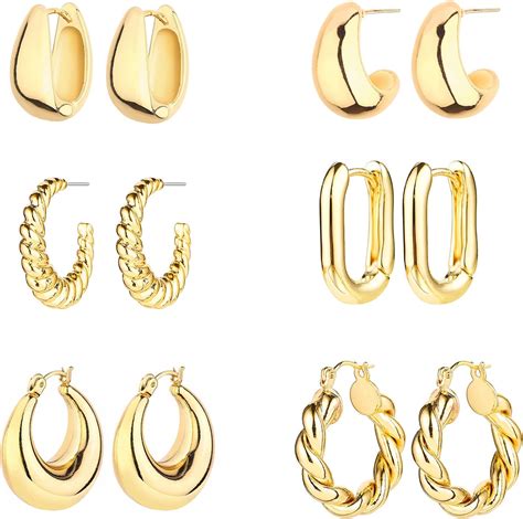 6 Pairs 14k Gold Hoop Earrings For Women Lightweight Chunky Hoop Earrings Multipack