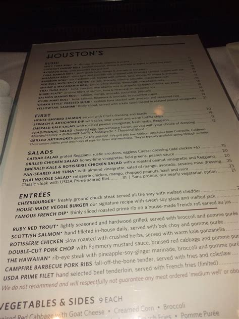 Menu at Houston's steakhouse, Atlanta, Peachtree Rd