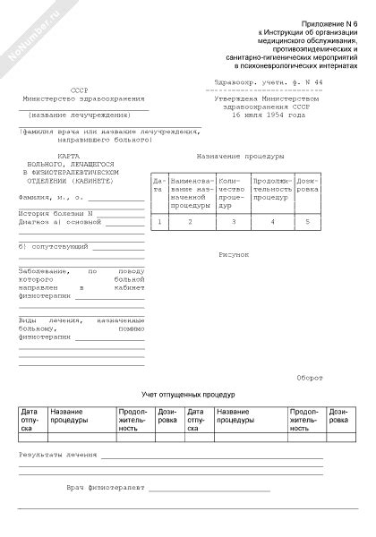 Карта больного, лечащегося в физиотерапевтическом отделении (кабинете)