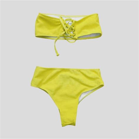 Shein Swim Bright Yellow Ribbed And Padded Bikini Set Strappy Back