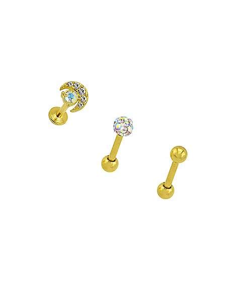 Multi Pack Pave Cz Moon Labret Lip Ring And Cartilage Barbells 3 Pack