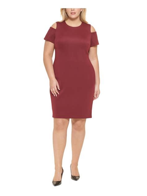 Calvin Klein Womens Burgundy Cut Out Zippered Scuba Crepe Short Sleeve