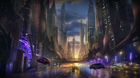 Street Light Digital Art Sunset City Street Cityscape Night Car Building Futuristic