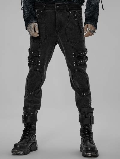 Black Gothic Punk Post Apocalyptic Slim Fit Denim Pants For Men