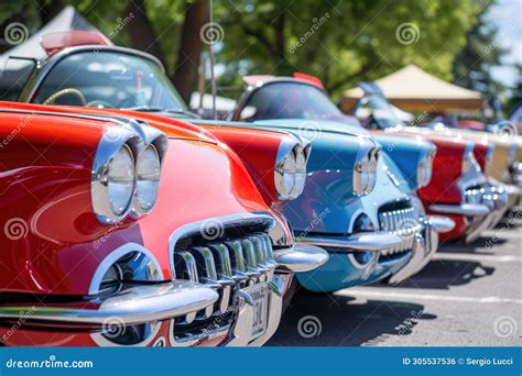 Vintage Cars Lined Up At An Outdoor Event Digital Illustration Stock