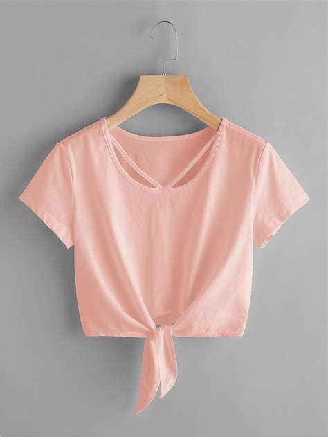 V Strap Neck Knot Front Crop Tee SheIn Sheinside Trendy Fashion