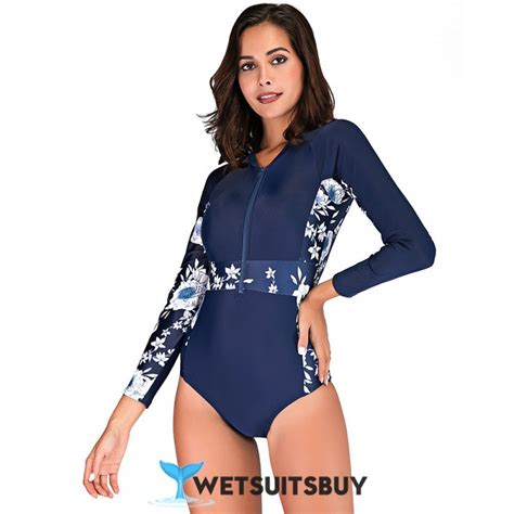 Women S Rash Guard Long Sleeves Navy Blue Floral Sun Protection Front Zip One Piece Surfing Suit