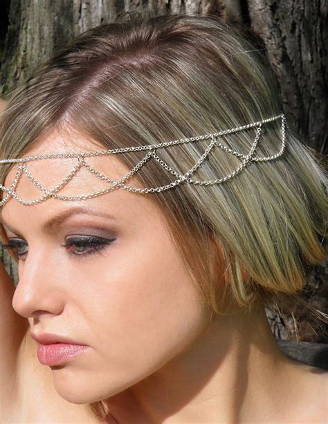 Bridal Hair Goddess Silver Chain Headpiece Forehead Hobo Bohemian