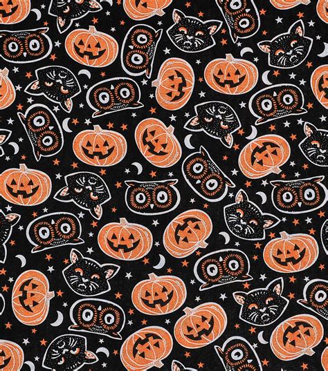 Halloween Cotton Fabric Tossed Cat Heads On Black Joann