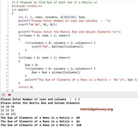 C Program To Find Sum Of Each Row In A Matrix