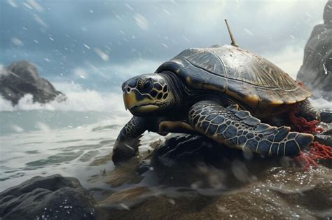 Premium Photo Rescuing A Stranded Sea Turtle From A Rocky Generative Ai