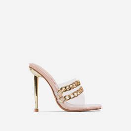 Fund Chain Detail Clear Perspex Square Peep Toe Metallic Heel Mule In Nude Patent Votre