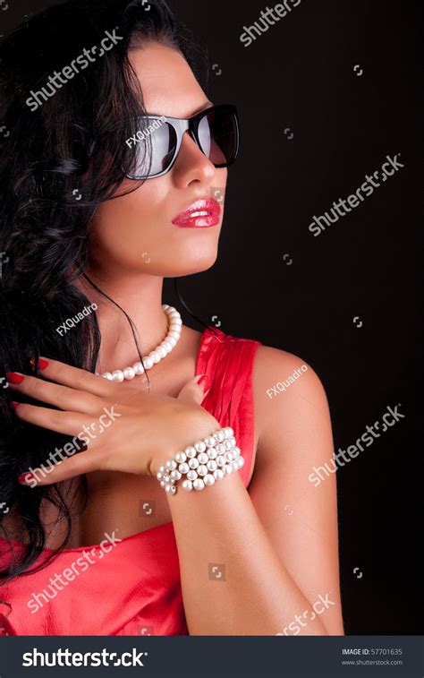 Sexy Brunette Wearing Sunglasses Red Dress Stock Photo Shutterstock