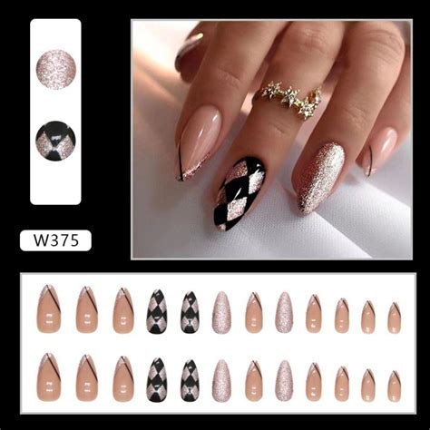 Cheap 24pcs Nail Tips Press On Nails Diy Fake Nials False Nails French Black Lines Long Almond