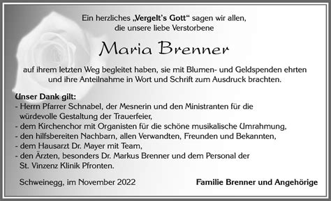 Traueranzeigen Von Maria Brenner Augsburger Allgemeine Zeitung