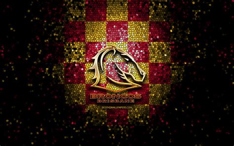 Brisbane Broncos Glitter Logo Nrl Red Yellow Checkered Background