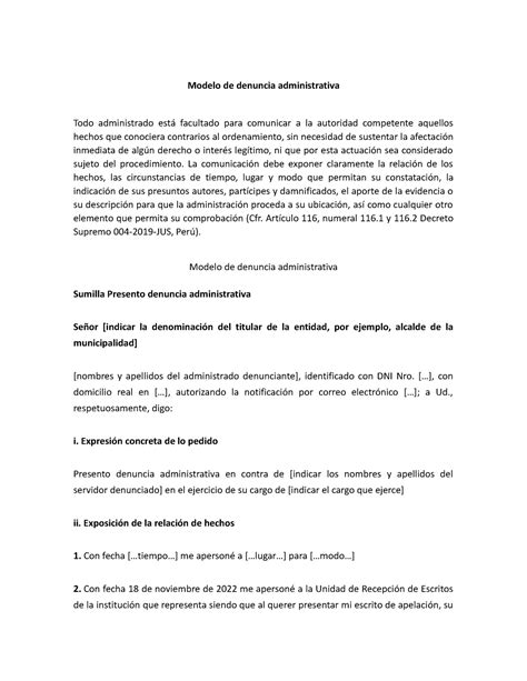 Modelo De Denuncia Administrativa La Comunicaci N Debe Exponer