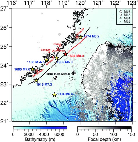 The Historical Earthquakes Yellow Asterisks In The Taiwan Strait