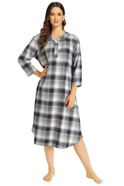 Womens Plaid Flannel Nightgown Warm Cotton Midi Nightgown Latuza