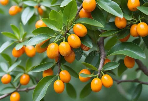 Orange Kumquats Growing On A Tree With Green Leaves Stock Illustration