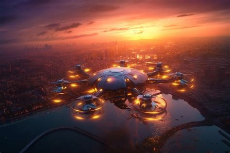 Premium Ai Image Futuristic Drone Captures Aerial View At Sunset