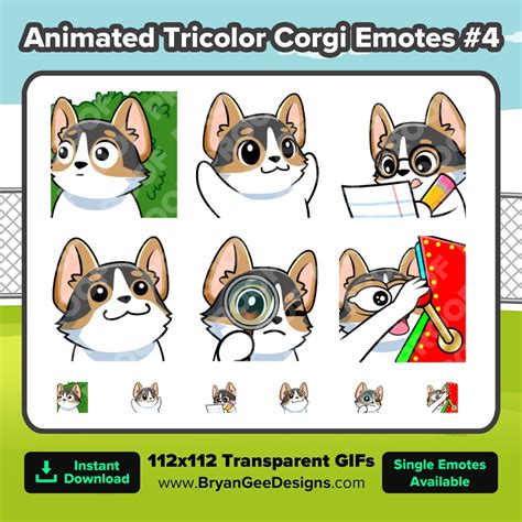 Animated Tricolor Corgi Twitch Emotes Hiding Bush Clapping Notes Pop