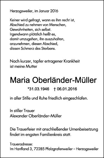 Traueranzeigen Von Maria Oberl Nder M Ller Schwarzw Lder Bote Trauer