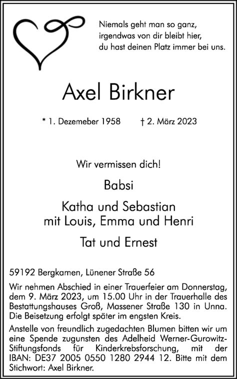 Traueranzeigen Von Axel Birkner Sich Erinnern De