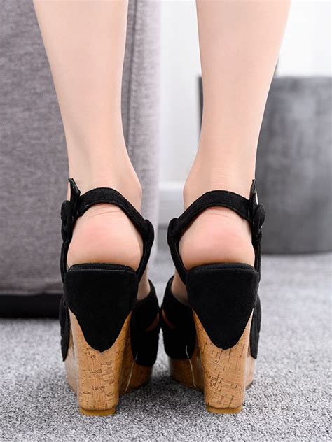 Women S Leatherette With Buckle Peep Toe Wedge Heel Wedding Shoes Hebeos