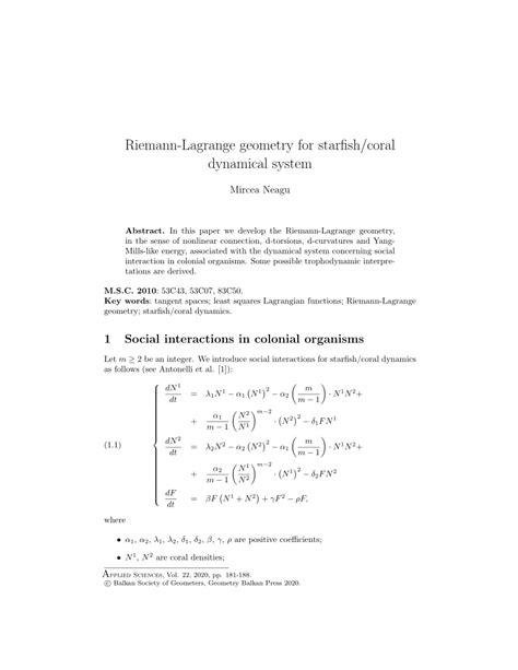 Pdf Riemann Lagrange Geometry For Starfish Coral Dynamical System